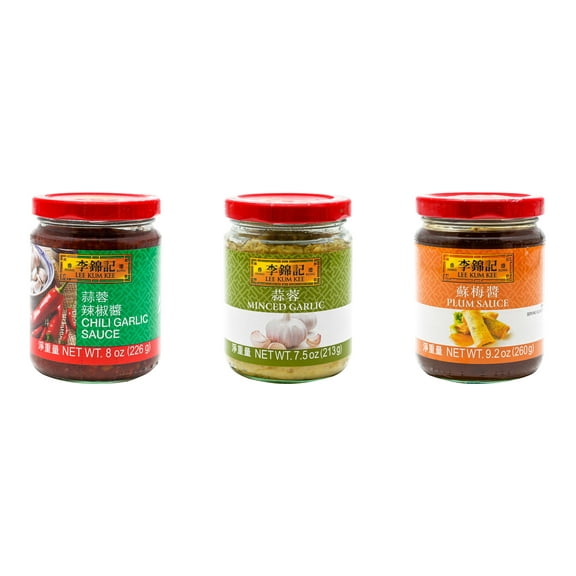 3 Pack Lee Kum Kee Cooking Sauce, 3 Flavors(Chili Garlic Sauce,Minced Garlic Sauce,Plum Sauce) Plus NineChef Brand Long Handle Coffee Spoon