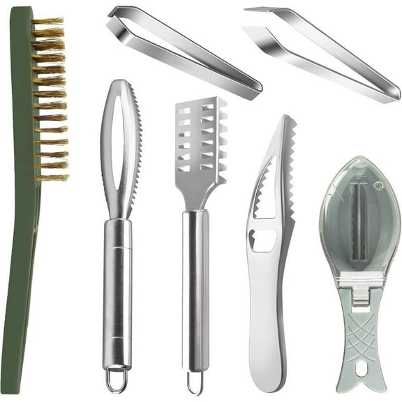 7pcs Fish Scaler Brush Remover Set Stainless Steel Sawtooth Remover Removing Peeler Cleaning Tool Fish Bone Tweezers Fish Shape Scraper Scalers for Fish Scales Removing Peeling