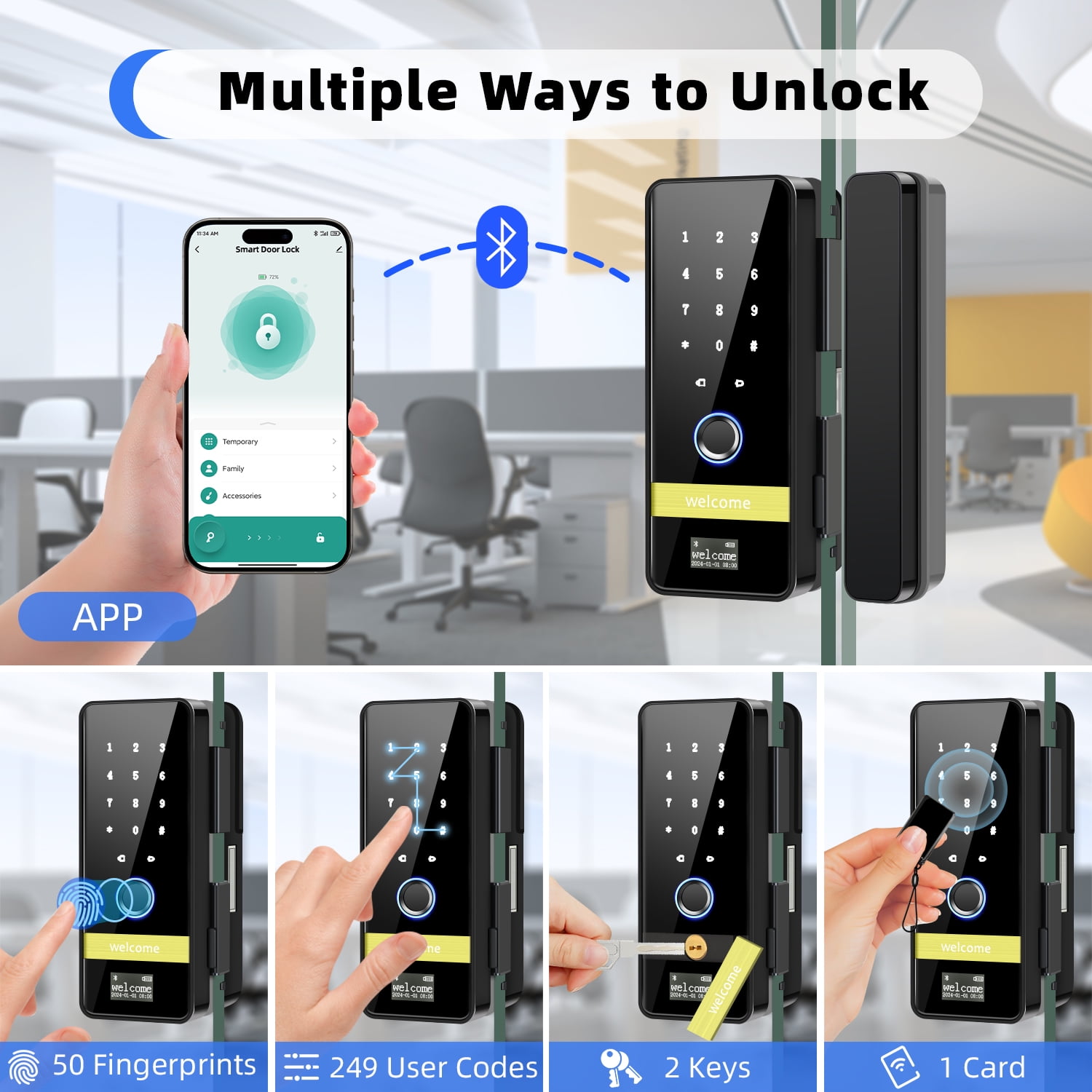 Smart Glass Door Lock,8 in 1 Keyless Entry Fingerprint Deadbolt with App Control,Electronic Deadbolt for Glass Door with Frame,Smart Lock for Glass Front Door/Patio Door/Commercial Glass Door