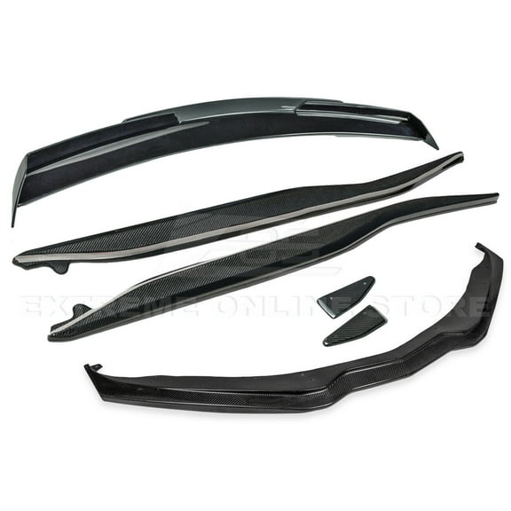 For 2014-2019 Corvette C7 Z06 Stage 2 Style Carbon Fiber Front Bumper Lip Splitter Side End Caps   Side Skirts Rocker Panels & Stage 3 Painted Carbon Flash Rear Spoiler Smoke Tinted WickerBill