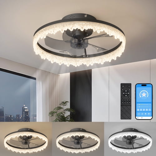 ACE-LIGHTS, 16" Smart Crystal Ceiling Fan with Dimmable Lights(APP & Remote Control) with Invisible Blades,Adjustable Color Temperature for Living Room,Bedroom,Dining Room,Study Room,Office(Black)