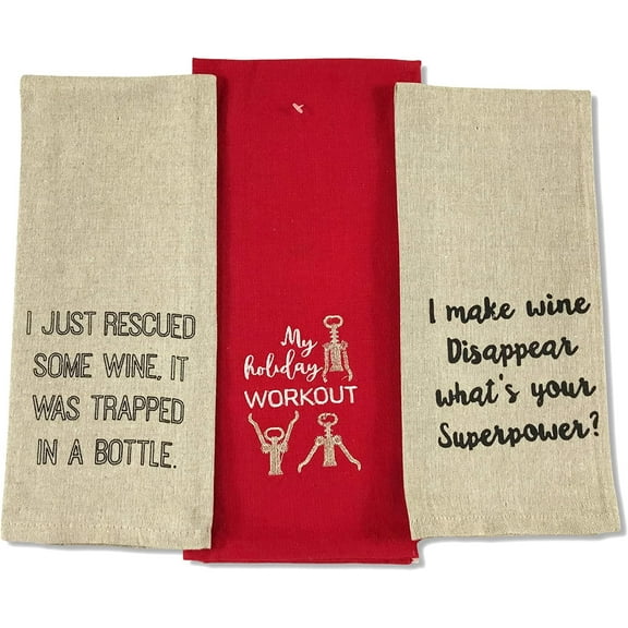 Serafina Home Holiday Christmas Kitchen Towels: Three Assorted Wine Drinking Humor Including Wine Workout and Wine Superpowers, Flat Weave Towels, 100% Cotton, Set of 3