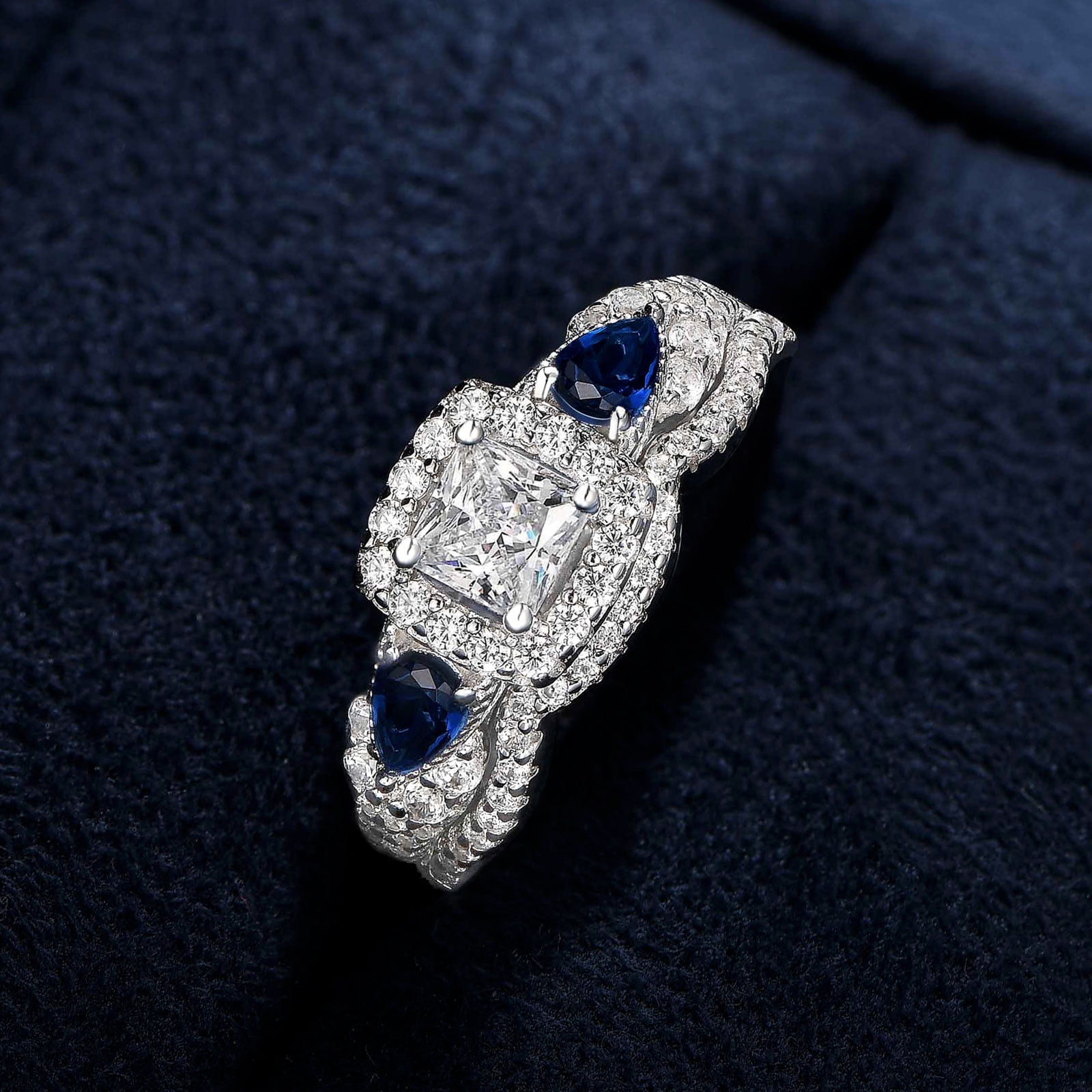 SHELOVES Princess Pear Blue Sapphire Sterling Silver Engagement Ring Wedding Ring Set for Women Size 7