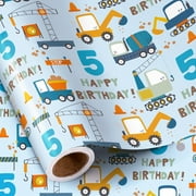 RUSPEPA 5th Birthday PresNok Wrapping Paper for Boy - Mini Cartoon Cars Trucks and Happy Birthday Text Pattern for Boys' or Kids' Birthday Party and More - 17 inches x 16.4 feet - 5 Years Old