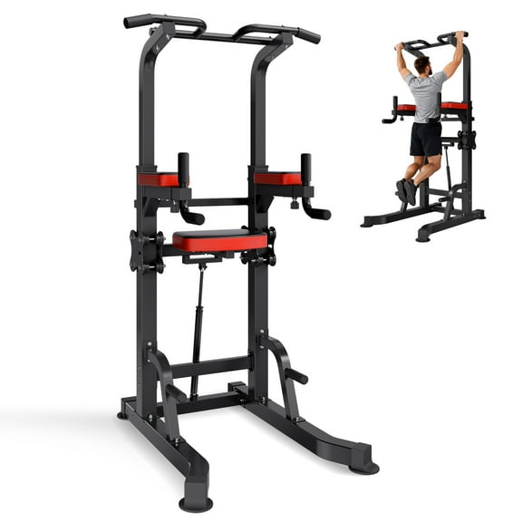 VEVOR Pull Up Bar, 330 LBS Power Tower Dip Station, Workout Dip Station with H-Shaped Stable Base & Assistance Platform, Adjustable 9 Level Height Pullup Stand for Back, 3-Level Adjustable Elbow Pads