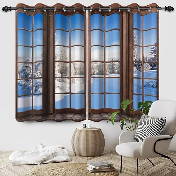 Brown Wooden Window Blackout Curtains, Winter Snowy Cedar Forest Window Curtains For Bedroom, Christmas Living Room Window Drapes With Grommets 26"W x 54"L (Pack of 2)