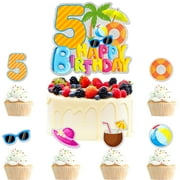 7-Piece Cake Topper PresNok Set Hawaiian Themed Happy 5th birthday, kids Hawaiian luau party, boys and girls birthday party, or pool party palm tree decorations. LIANGSS