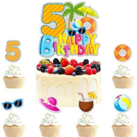 7-Piece Cake Topper PresNok Set Hawaiian Themed Happy 5th birthday, kids Hawaiian luau party, boys and girls birthday party, or pool party palm tree decorations. LIANGSS