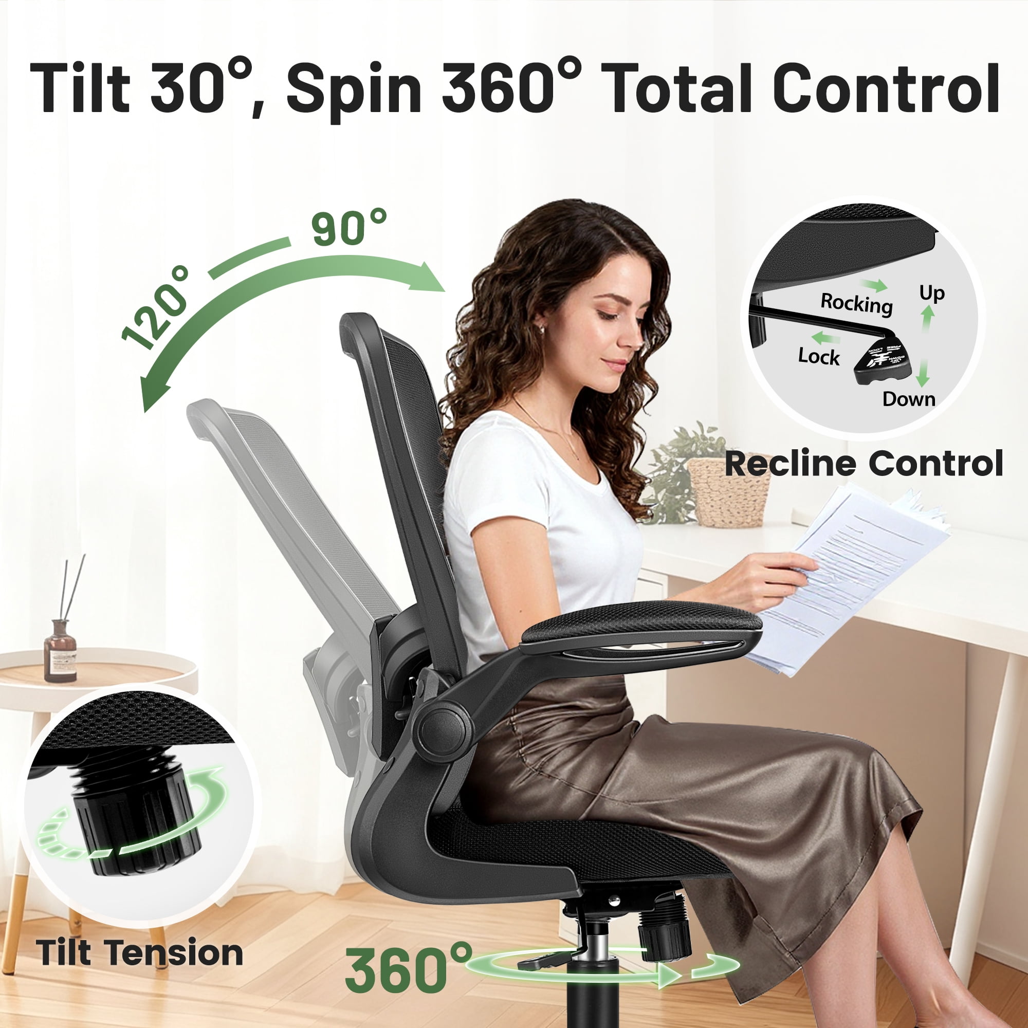 ATHOPE Office Chair, Ergonomic Desk Chair Breathable Mesh Home Office Chairs Adjustable High Back Lumbar Support Flip-up Armrests, Executive Rolling Swivel Comfy Computer Chairs Black