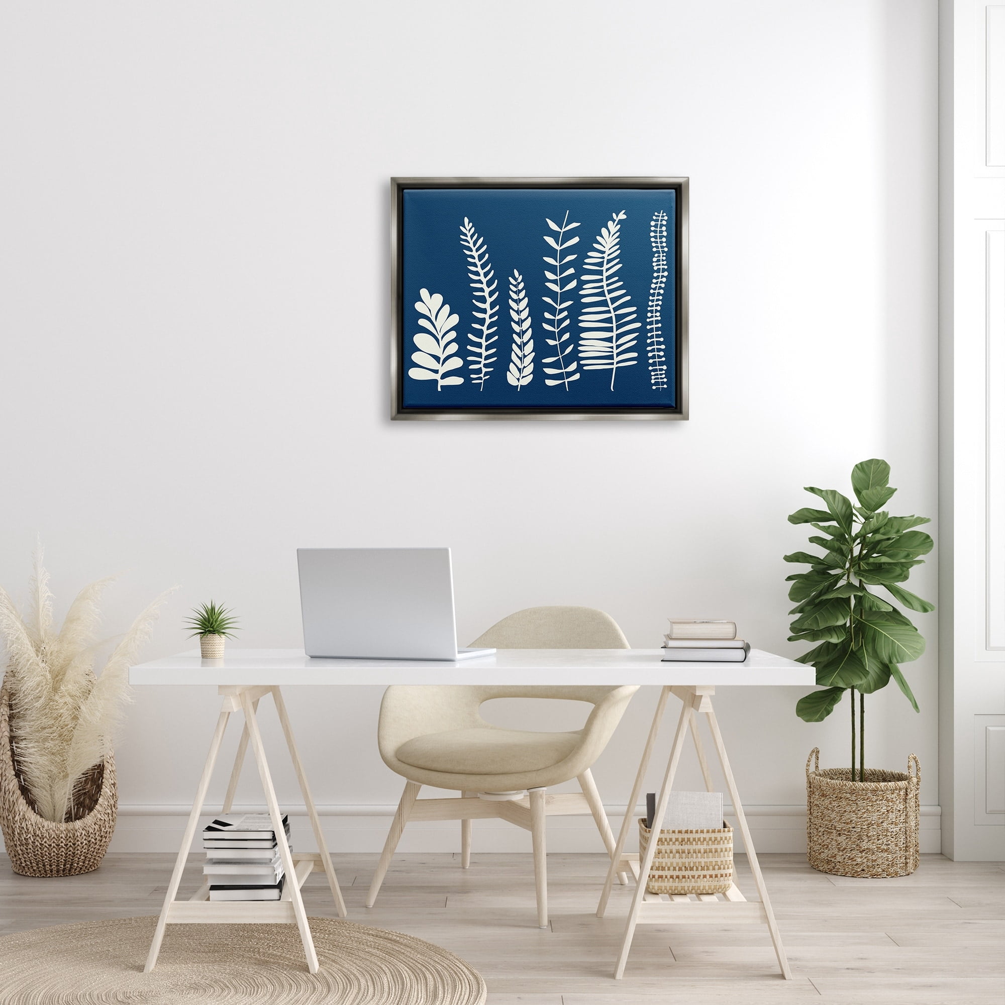 Stupell Industries Modern Fern Plant Leaves Blue Nature Silhouettes Graphic Art Luster Gray Floating Framed Canvas Print Wall Art, Design by Deborah Velasquez