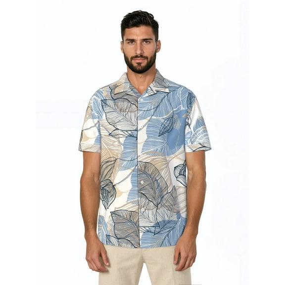 Havanera Men's and Big Men's Tropical Allover Short Sleeve Printed Button-Down Shirt with Texture, Sizes S-5XL