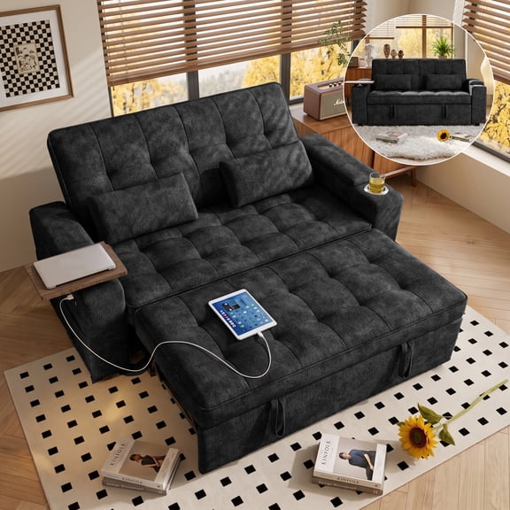 Xiweot 65" Sleeper Sofa Bed, 3-in-1 Convertible Chenille Futon Couch, Loveseat Sofa with Storage Armrest, Pull out Couch with Adjustable Backrest, Table & Pillows for Living Room Apartment (Black)