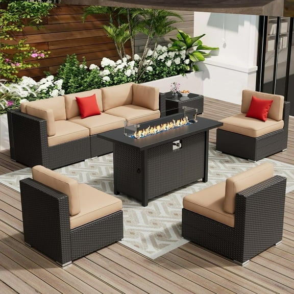 SOLAURA 8-Piece Outdoor Patio Furniture Sofa Set with 45-inch Propane Gas Fire Pit Table, Black Rattan Wicker 6-Seater Sectional Conversation Set with Coffee Table for Patio and Garden (Light Brown)