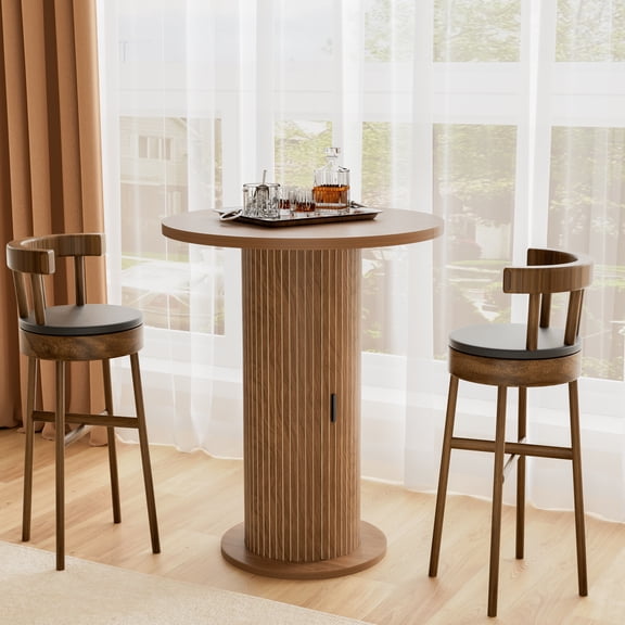 Bar Table with Storage and Sliding Door, 39.4” H 31.5” W Small Round Kitchen Table, Home Bar High Top Cocktail Table for Kitchen, Coffee Bar, Living Room