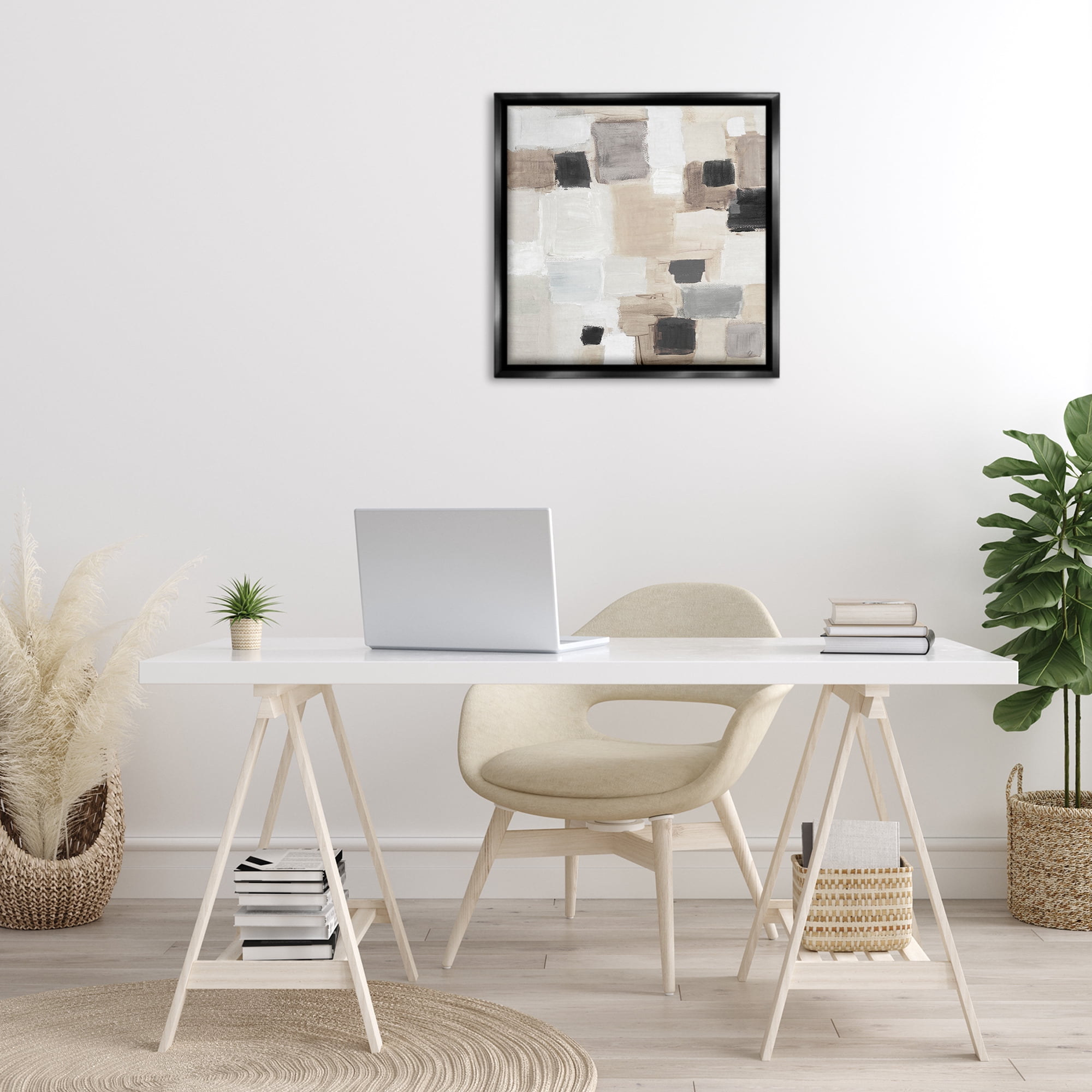 Stupell Industries Neutral Square Patchwork Abstract Painting Black Floater Framed Canvas Art Print Wall Art, 25 x 25