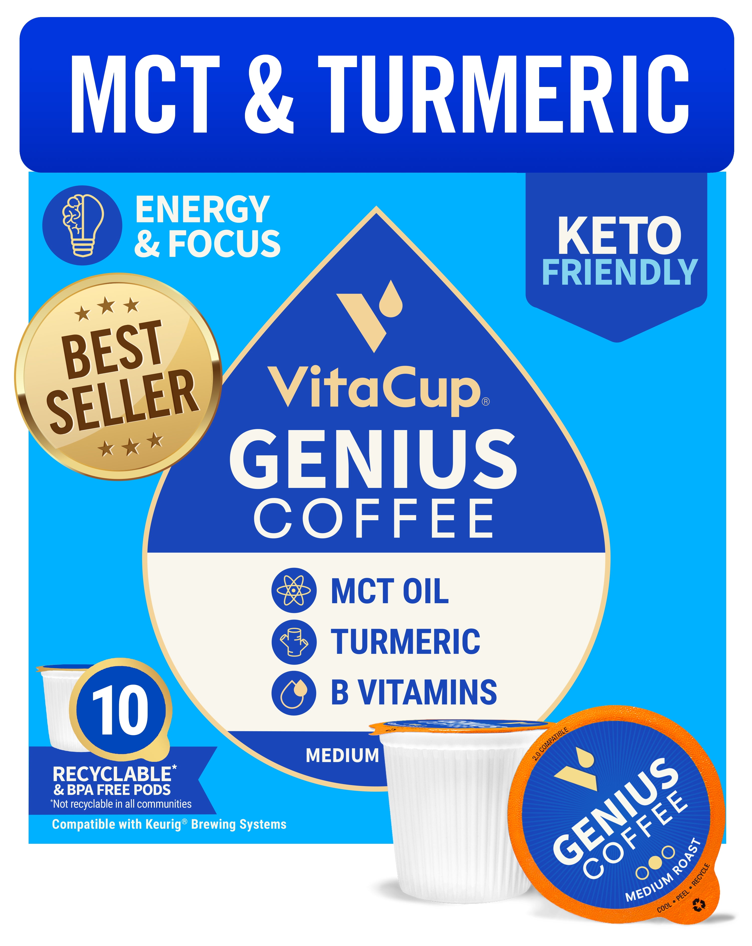 VitaCup Genius Coffee Pods 10 CT Keto Energy & Focus with MCT, Turmeric