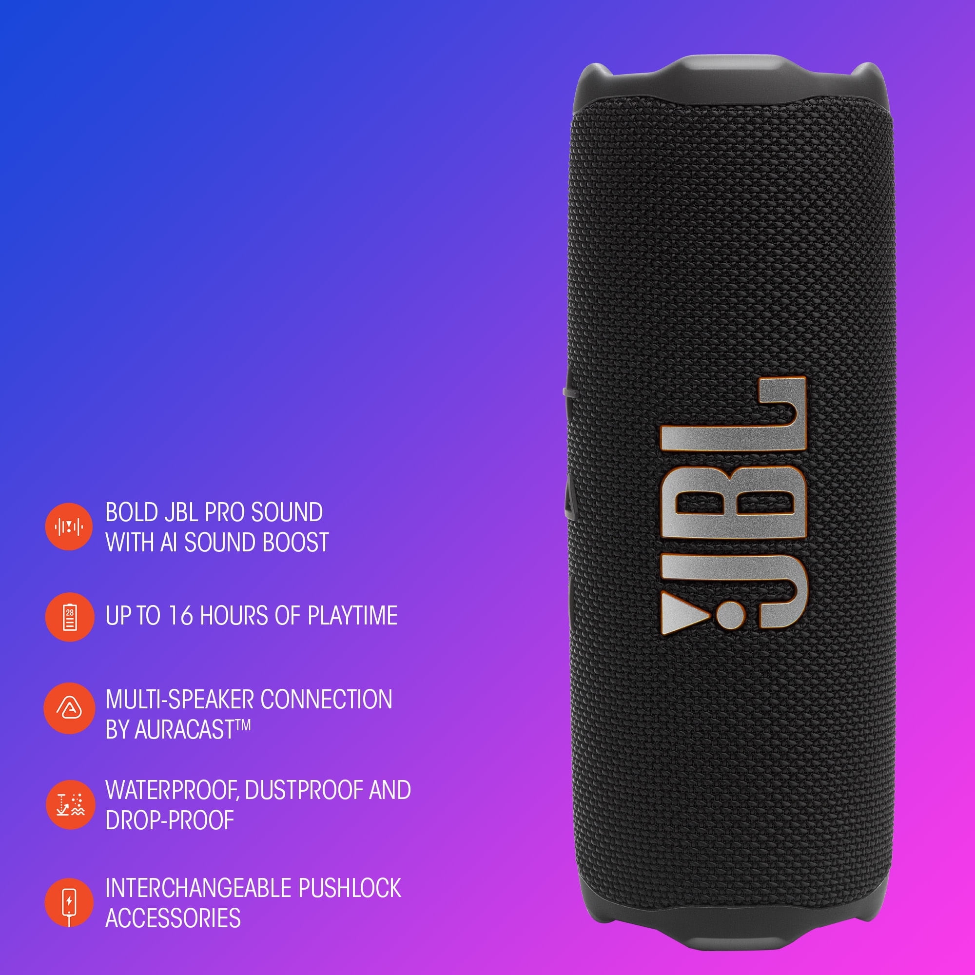Restored JBL Flip 7 Portable waterproof and drop-proof speaker, Bold JBL Pro Sound with AI Sound Boost, 16Hrs of Playtime, and PushLock system with interchangeable accessories Black Refurbished