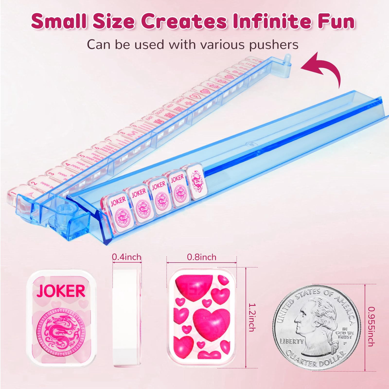 Pink "Love" Mahjong Set | 166 Transparent Tiles (1.18") with Heart Accents, 2 Dice & Blue Case | Complete Game