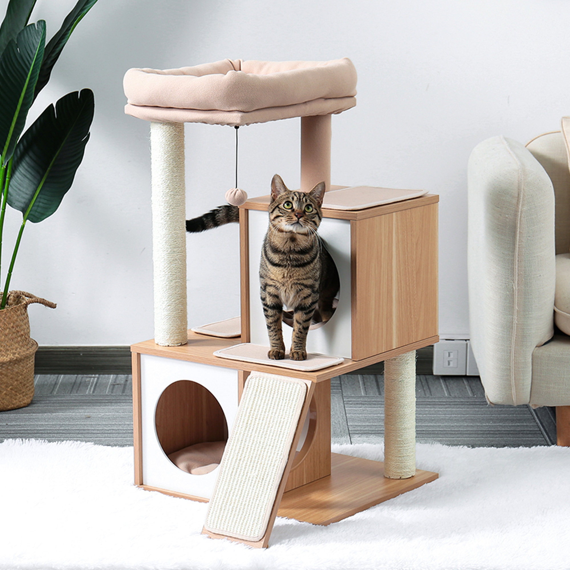 Kadyn 35" Cat Tree Houses for Indoor Cats Wooden Cat Tower Featuring 2 Condo, Removable Soft Perches Kittens, Beige