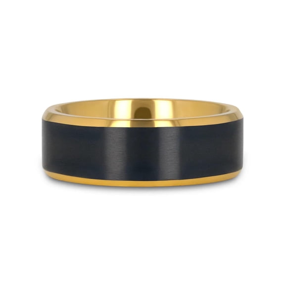 Gold Plated Titanium Ring with Brushed Black Center-Polished Beveled Edges, Flat Profile, Comfort Fit-8mm (10)