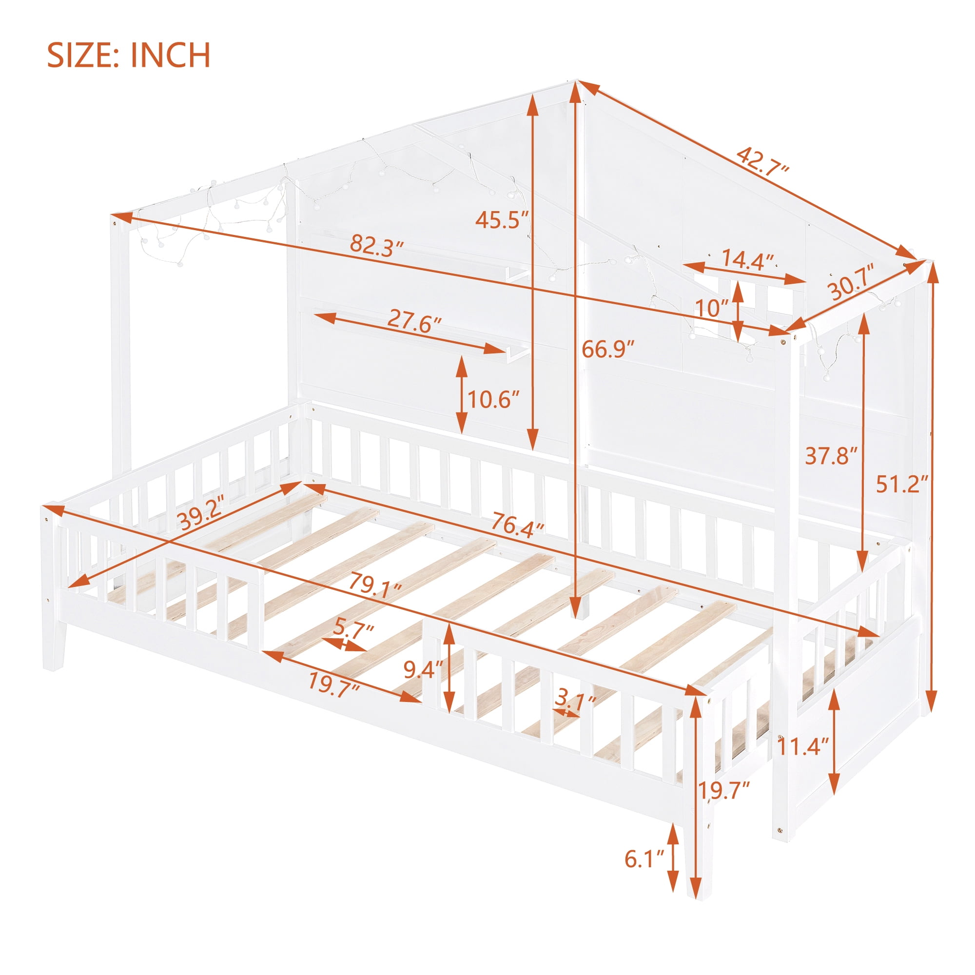 Harper & Bright Designs Twin Size House Bed with Storage Shelves and Rails, Wood Kids Montessori Bed Frame with Window and Sparkling Light Strip on The Roof for Boy Girls, White