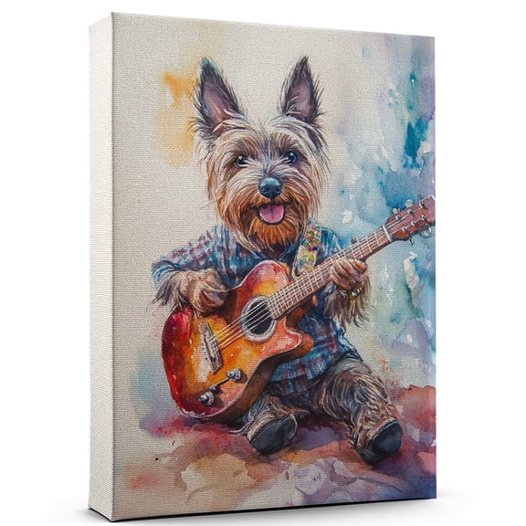 Scottish Terrier Dog Playing Guitar Wall Stretched Canvas Size 8x12 – Scottish Terrier Canvas Art for Dog Lovers, Guitar Canvas Wall Decor