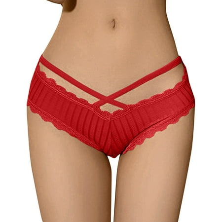 QYZEU Bikini Underwear for Women Strappy Underwear for Women Womens Sexy Cropped Waist Panties Comfortable Low Waist Thin Lace Trim Briefs Underwear Red One Size