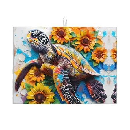 

Large Dish Drying Mats for Kitchen Counter - Sunflower Turtle 18x24In Anti-Slip Absorbent Microfiber Drying Mat for Kitchen Counter Mat Dish Rack Mat with Hanging Loop