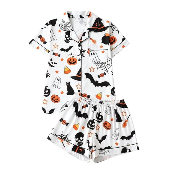 Miaoju Summer Pajamas for Women 2 Piece Short Sleeve Button Down Soft Sleepwear Halloween Fall Pjs Sets Funny Print Sleepwear