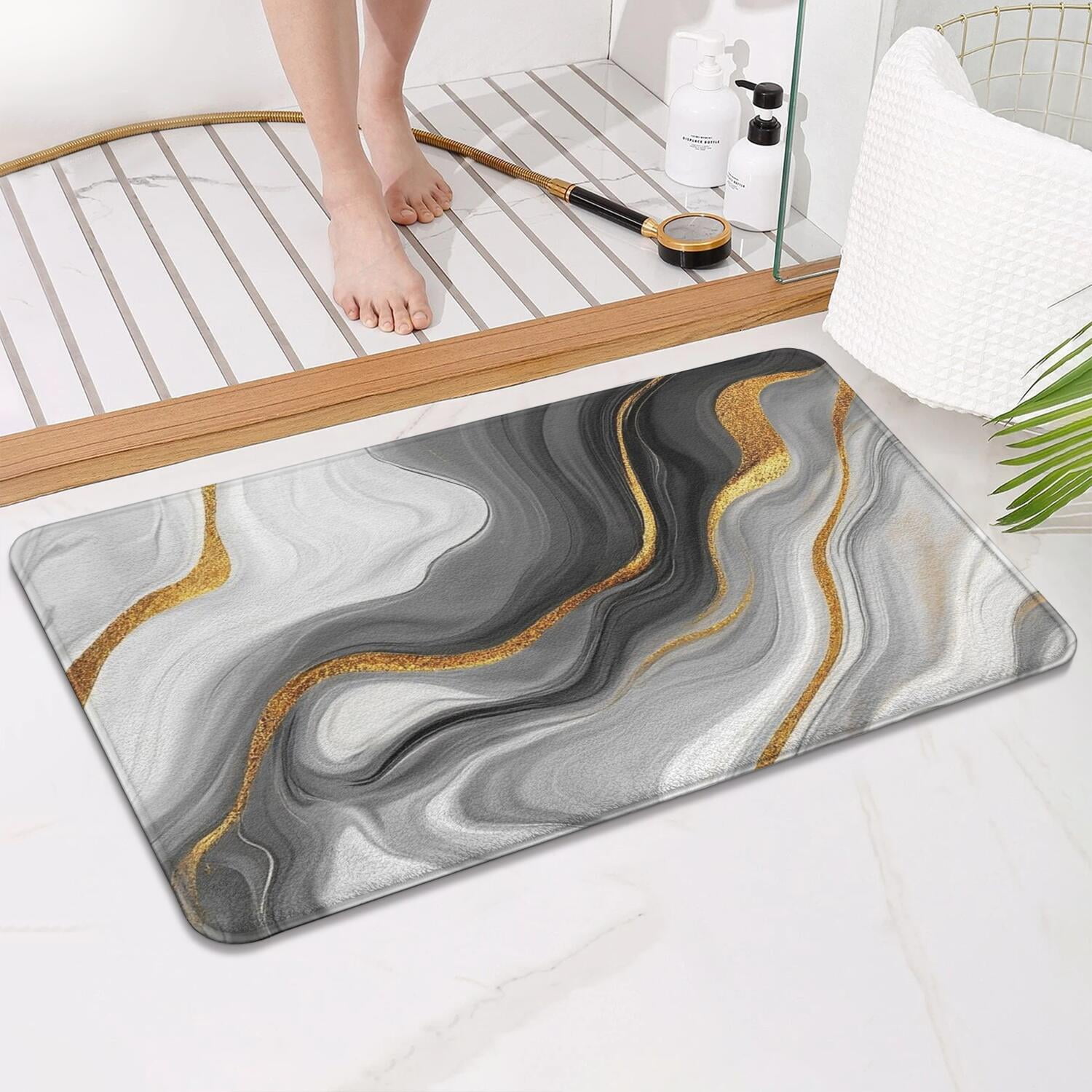 Gray White Gold Marble Pattern Bathroom Rugs Mat,Non Slip Microfiber Bathroom Rug,Rubber Backing,Soft Bathroom Mats for Bathroom Floor,Tub and Shower,17x30in(43x75cm)