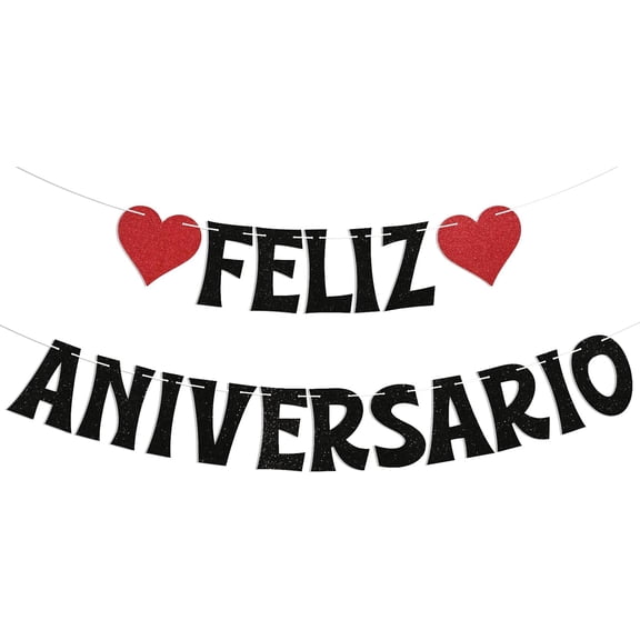 Feliz Aniversario Banner - Fiesta Mexican Theme Wedding Anniversary Party Sign, Spanish Happy Anniversary Party Decorations Black Glitter