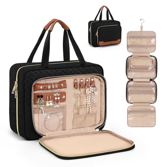 Toiletry Bag for Women, Hanging Travel Toiletry Bag with Jewelry Organizer Compartment Large Makeup Bag, PVC Waterproof Cosmetic Travel Bag, Black