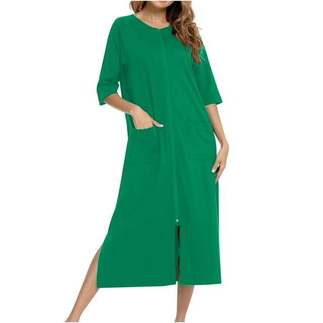 Erwazi Robe pour Femmes à Fermeture Éclair devant, Manches 3/4, Longue Robe de Chambre avec Poches, Tenue de Détente