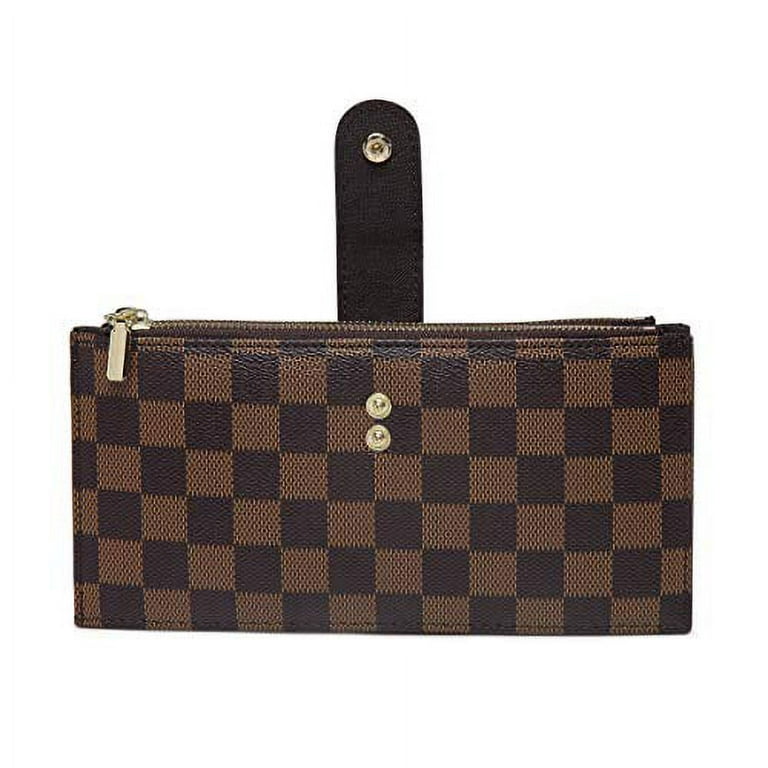 Daisy Rose Checkered Multi Card Wallet Clutch - RFID Blocking Organizer Card Holder with Zipper Pockets -PU Vegan Leather, Womens, Brown, Small