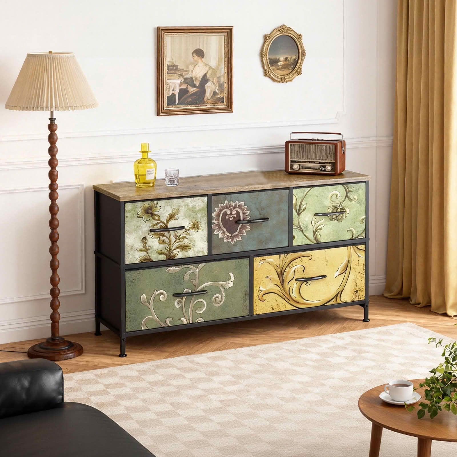 MAYEERTY Bedside Storage Cabinet with Movable Fabric Box, Sturdy Steel-Framed Wooden Top Organizer