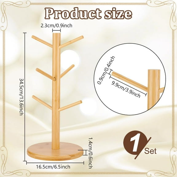 1set 1 set Bamboo Coffee Cup Holder Stand with 6 Hooks Mug Holder Tree BurlyWood 160x345mm