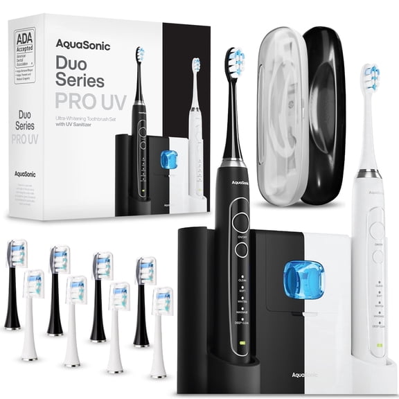 AquaSonic DUO PRO Ultrasonic Electric Toothbrush - ADA Accepted, 4 Modes, UV Sanitizing, Wireless Charging, 10 Brush Heads, 2 Travel Cases