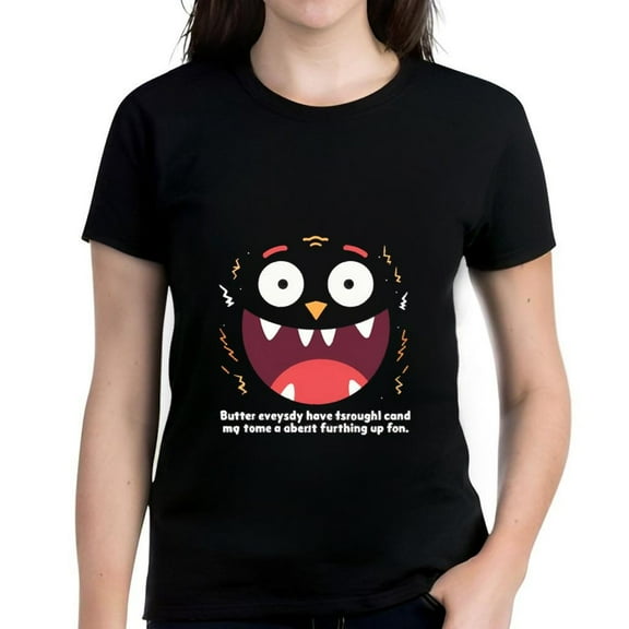 Women's Cotton Short Sleeve T-Shirt with Cartoon Face Design Lightning Lines and Fun Text - Unique Graphic Tee