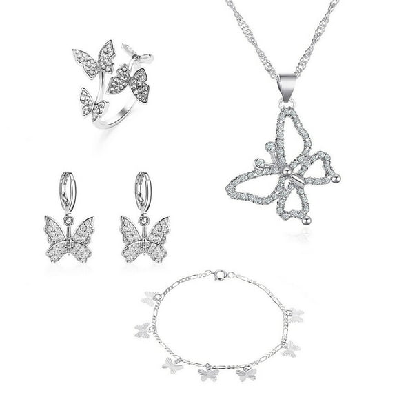Butterfly Jewelry Set Rhinestone Crystal Necklace, Bracelet, Earrings, Ring