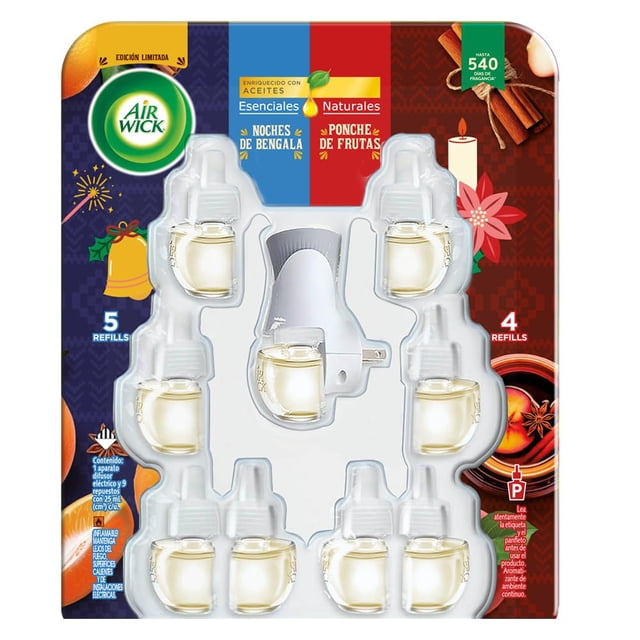 Air Wick Aromatizante de Ambiente Eléctrico, Noches de Bengala & Ponche Navideño, Difusor + 9 Repuestos de 20 ml c/u