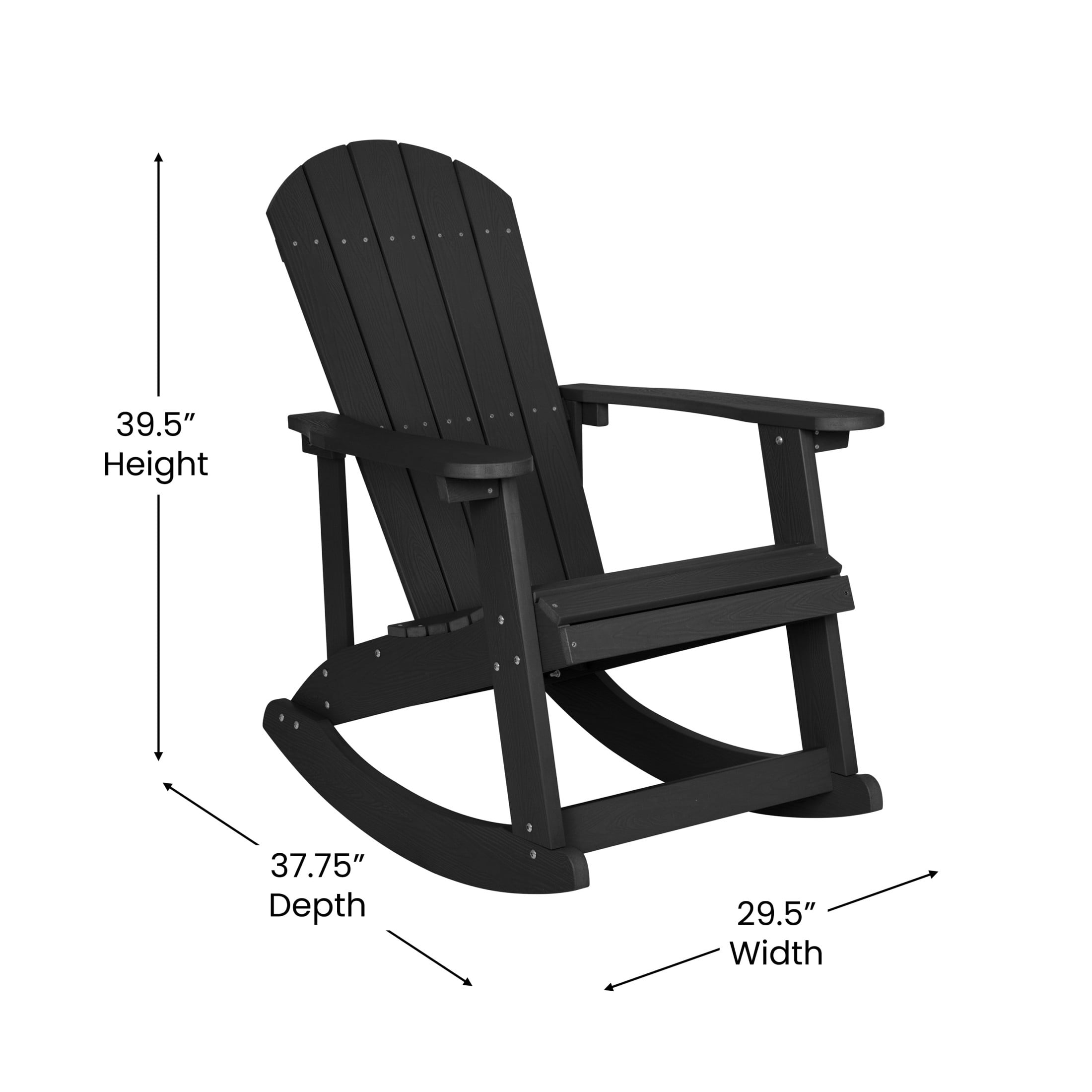 Emma + Oliver Set of 2 Classic All-Weather Poly Resin Rocking Adirondack Chairs in Black with Stainless Steel Hardware for Year Round Use