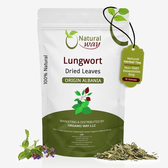 Natural Way Lungwort Dried Leaves (Pulmonaria Officinalis) Cut & Sifted - Herbal Tea | Organic & Kosher Certified | Raw, Vegan, Non GMO & Gluten Free | USDA Certified | Origin - Albania (16 OZ Pack