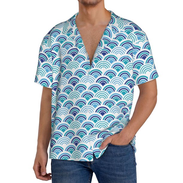 Balery Blue Fish Scale Texture Camisa Casual de Manga Corta con Botones para Hombre, Texturizada, Estilo Cubano, para Playa, Verano-Large