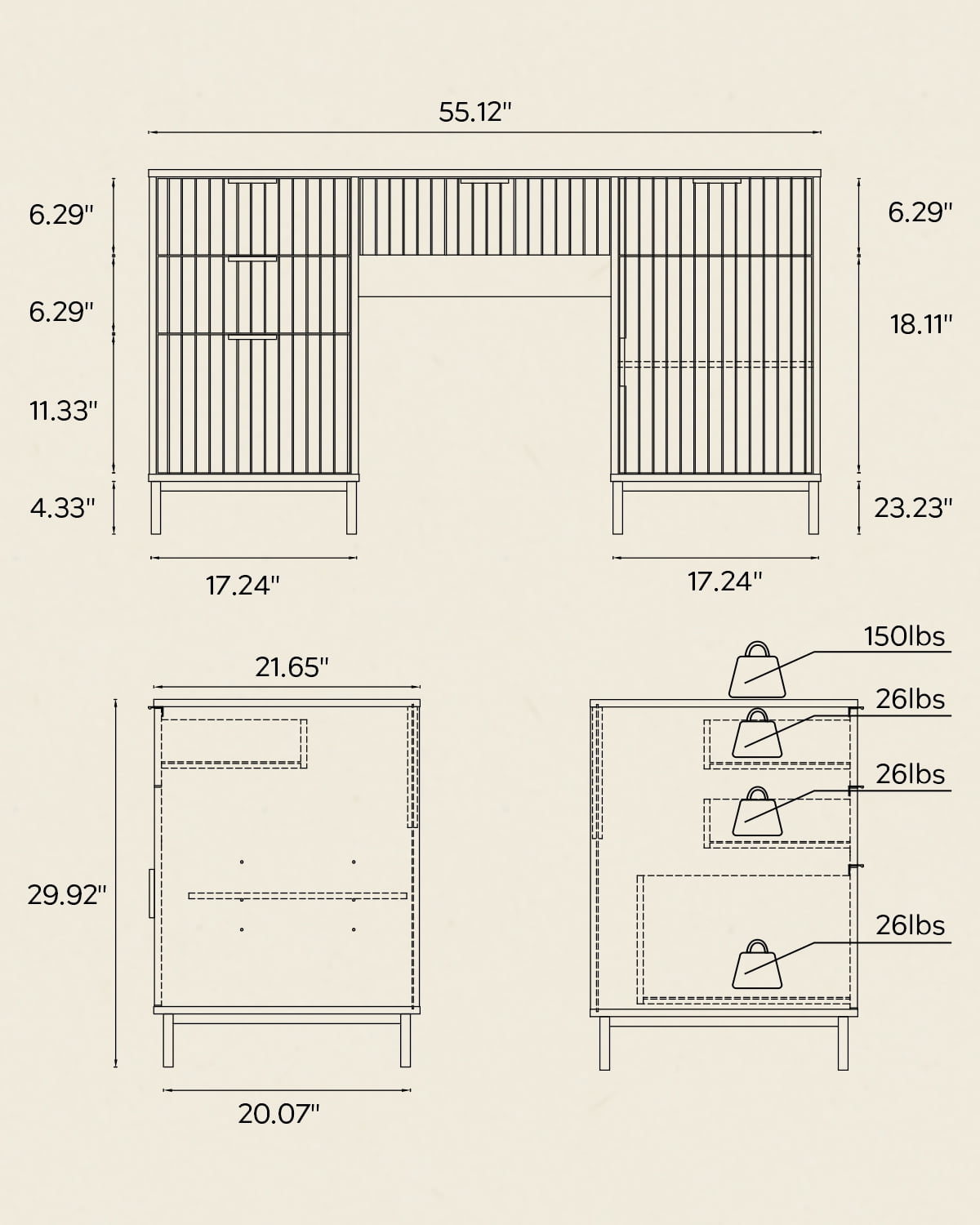 Joyyskill Fluted Executive Desk with File Drawer, 55" Large Computer Desk with Storage and Charging Station, Modern Wooden Home Office Desk White