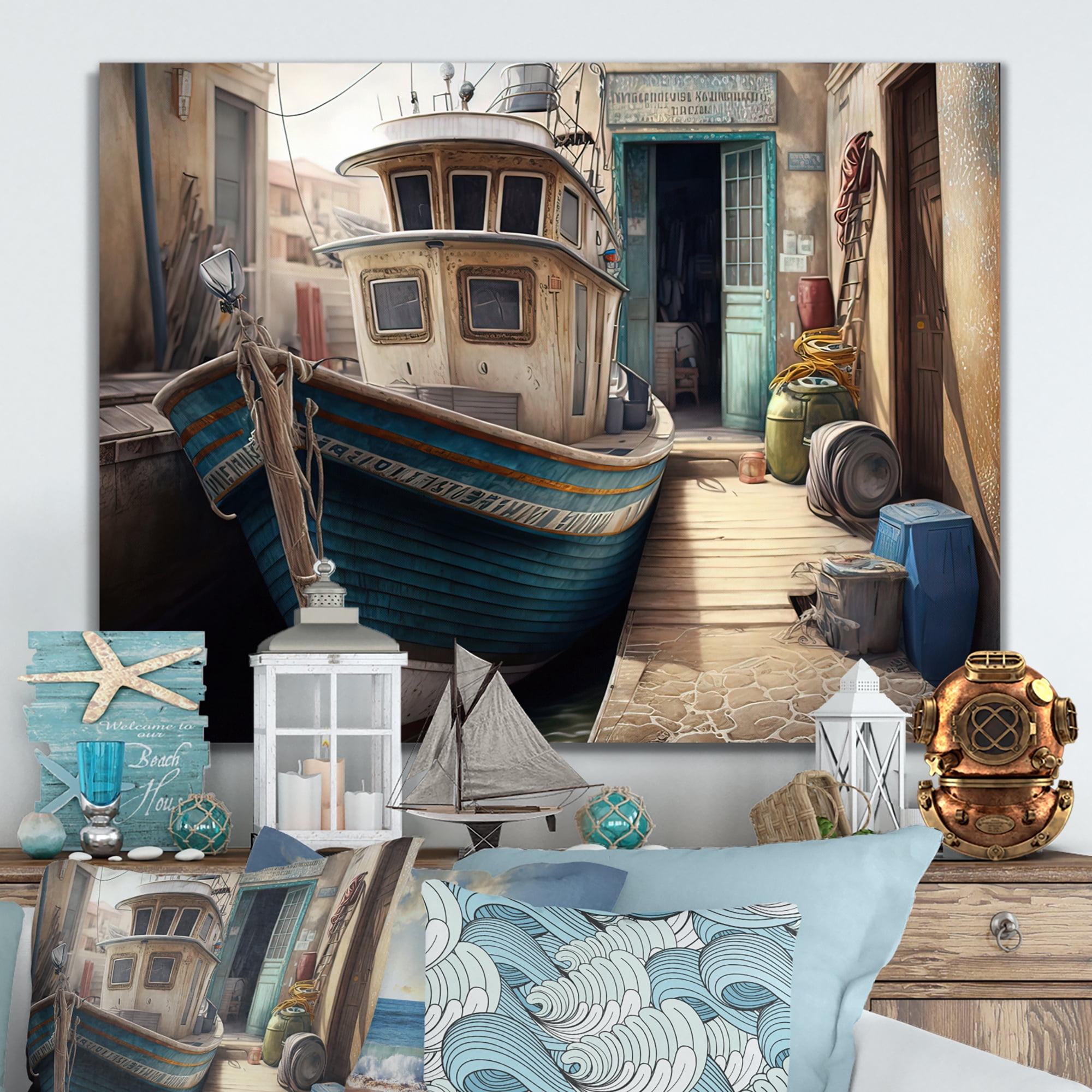 Designart Rustic Port With A Fishing Boat VI Canvas Wall Art