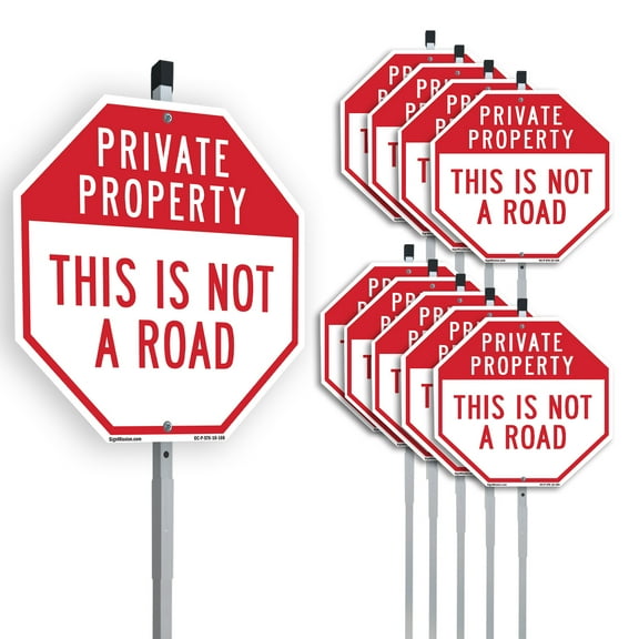Private Property This Is Not a Road (10 Pack) 10 inch X 10 inch Octagon Plastic Signs with Aluminum Mounting Stakes Weather Resistant UV Protected for Workplace Private Property and