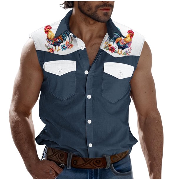 Camisas de Cuello para los Hombres de Moda Casual Imprimir Turndown Cuello sin Mangas Bolsillos Deportivos Tanque, Ligero Top de Verano