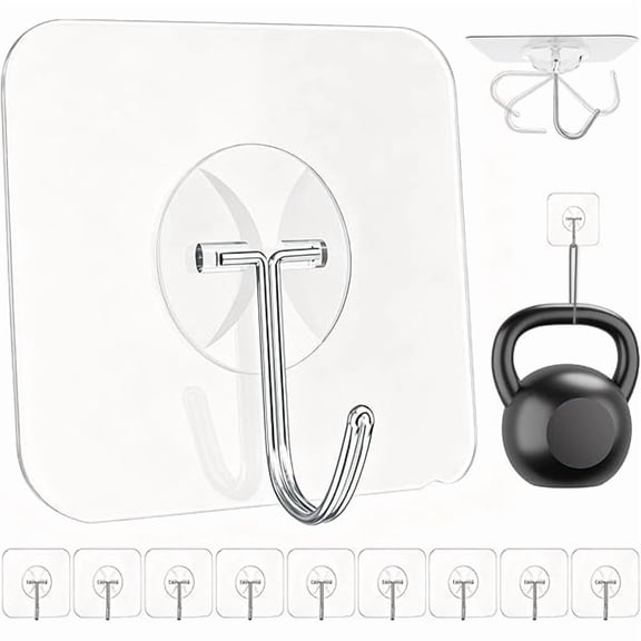 Heavy Duty Adhesive Wall Hooks - Strong & Transparent, Hold up to 22lb, Waterproof & Reusable, Ideal for Kitchen, Bathroom, and Office (10 Pack) - Heavy Duty Wall Hangers Without Nails