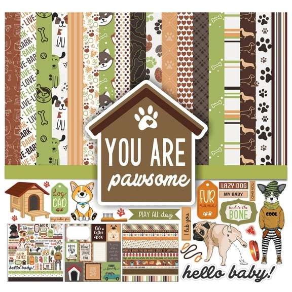 Inkdotpot Brown Green Dog Theme Collection Double,Sided Scrapbook Paper Kit Cardstock 12"x12" Card Making Paper Pack Of With Sticker Sheet - 16 Pages - Brown & Green