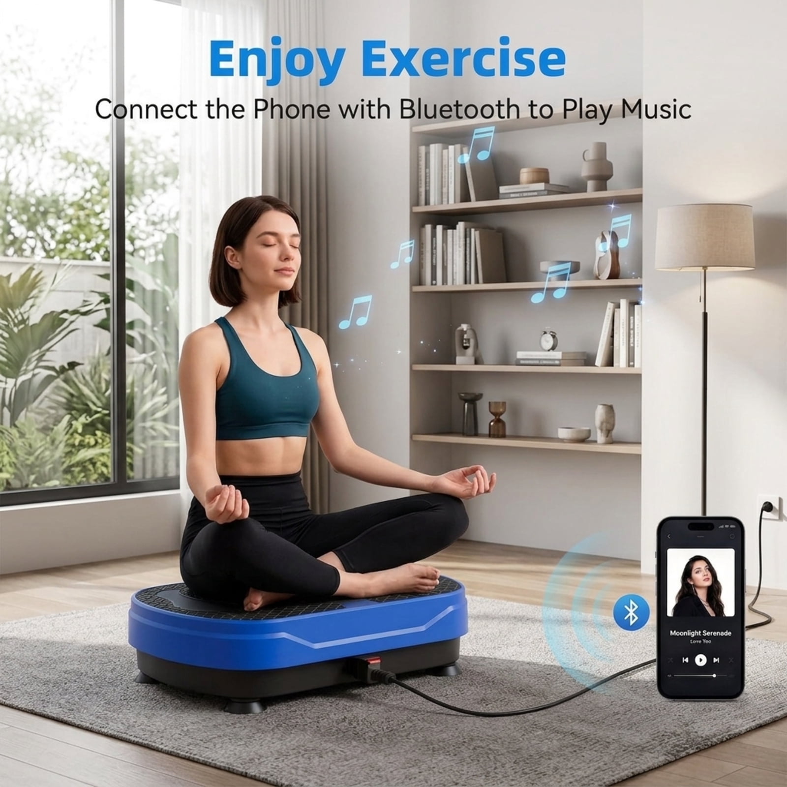 Fenbeli Vibration Plate Exercise Machine, 1-999 Speeds, Bluetooth Speaker, Remote, 2 Loops and 5 Resistance Bands, 450 lb Capacity, Blue